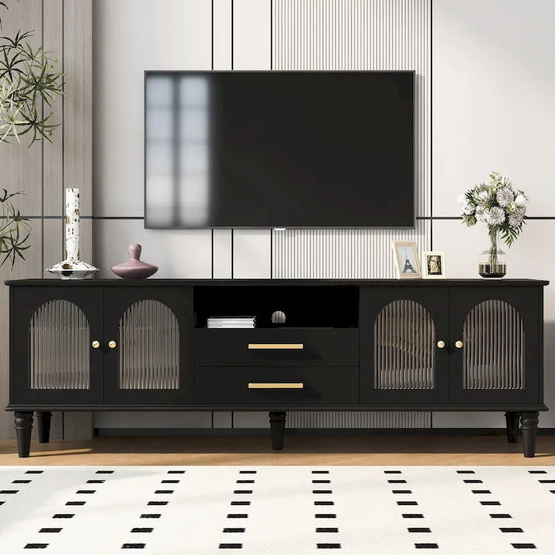Retro TV Stand with Arched Fluted Glass Doors 2 Drawers Entertainment Console Black or White