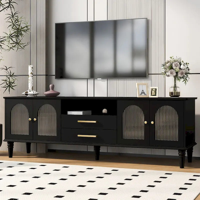 Retro TV Stand with Arched Fluted Glass Doors 2 Drawers Entertainment Console Black or White
