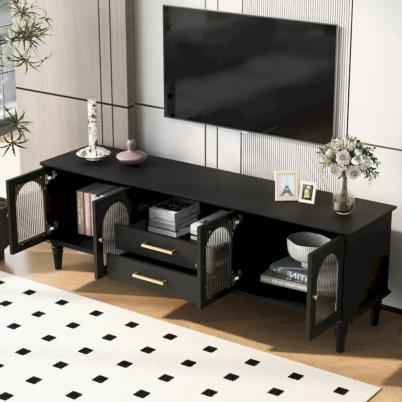 Retro TV Stand with Arched Fluted Glass Doors 2 Drawers Entertainment Console Black or White