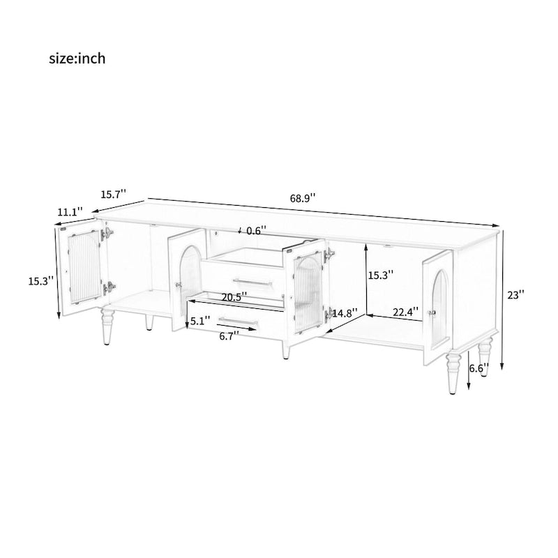 Retro TV Stand with Arched Fluted Glass Doors 2 Drawers Entertainment Console Black or White