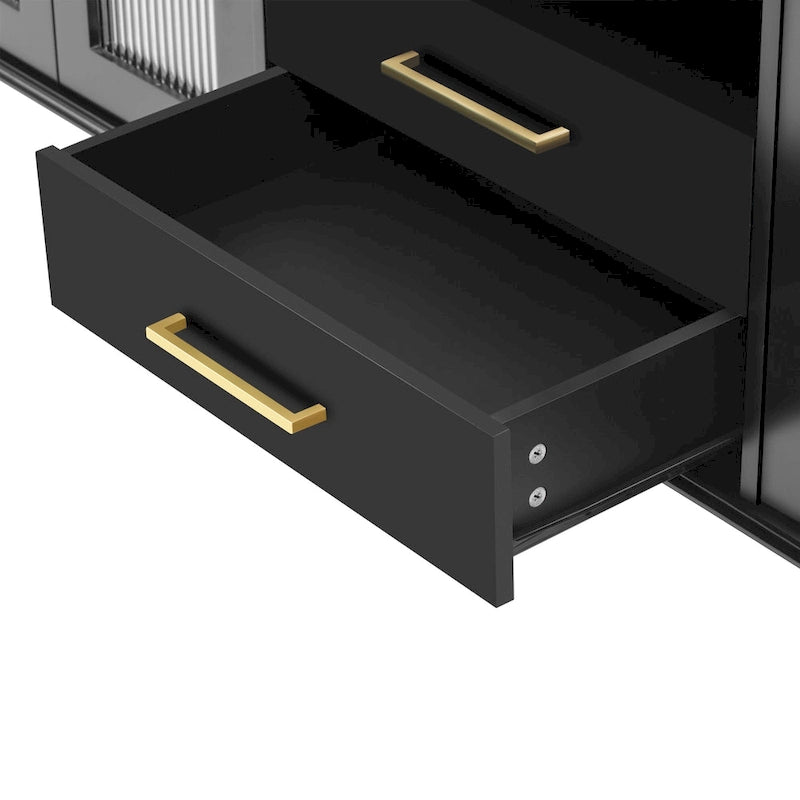 Retro TV Stand with Arched Fluted Glass Doors 2 Drawers Entertainment Console Black or White