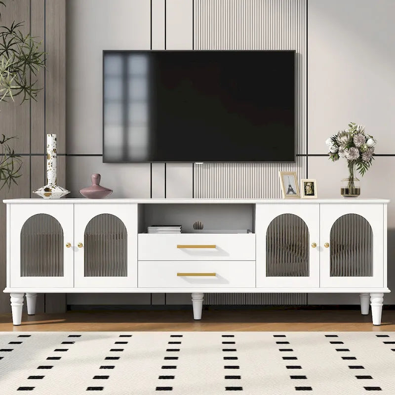 Retro TV Stand with Arched Fluted Glass Doors 2 Drawers Entertainment Console Black or White