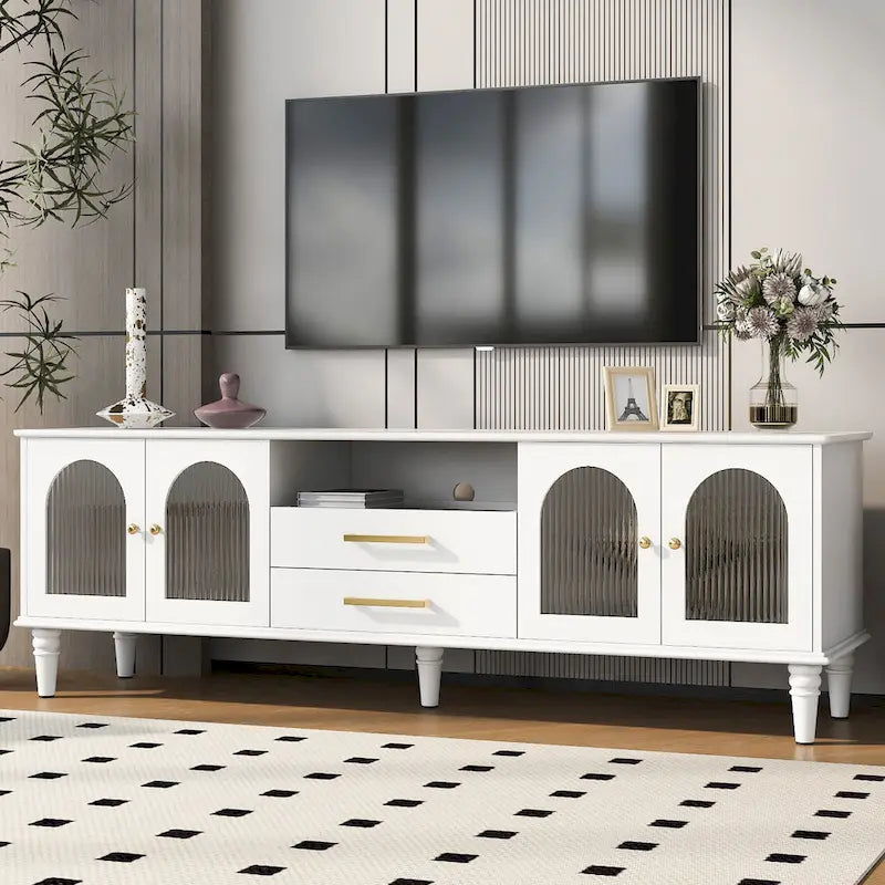 Retro TV Stand with Arched Fluted Glass Doors 2 Drawers Entertainment Console Black or White