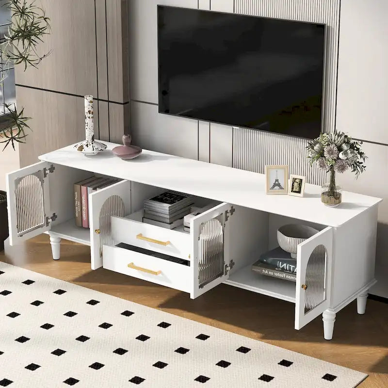 Retro TV Stand with Arched Fluted Glass Doors 2 Drawers Entertainment Console Black or White