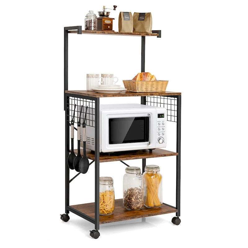 4-Tier Rolling Baker's Rack with Hooks and Wheels, Rustic Brown