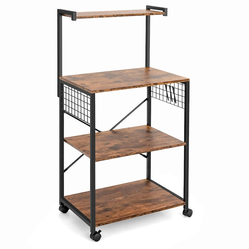 4-Tier Rolling Baker's Rack with Hooks and Wheels, Rustic Brown