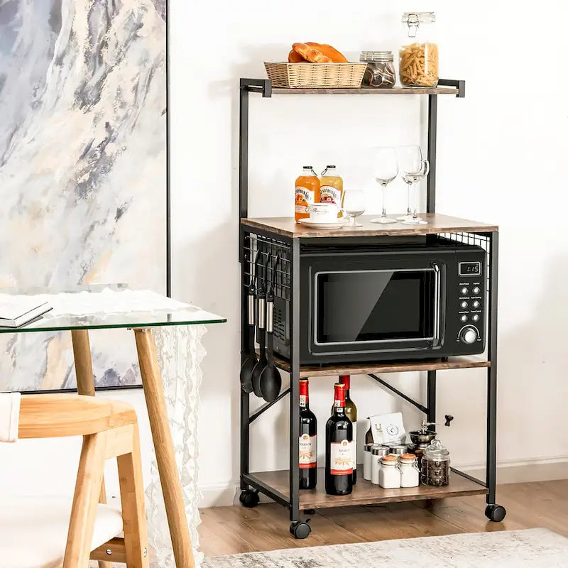 4-Tier Rolling Baker's Rack with Hooks and Wheels, Rustic Brown