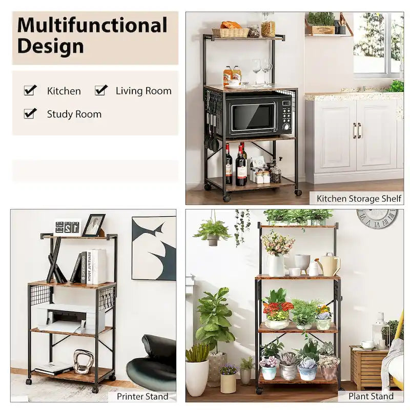 4-Tier Rolling Baker's Rack with Hooks and Wheels, Rustic Brown