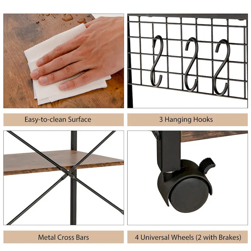 4-Tier Rolling Baker's Rack with Hooks and Wheels, Rustic Brown