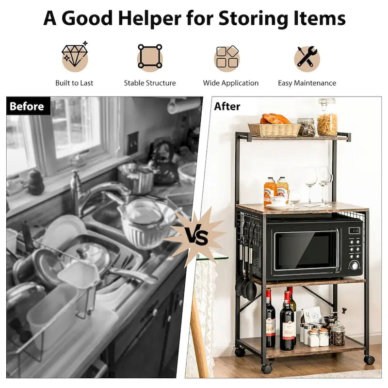 4-Tier Rolling Baker's Rack with Hooks and Wheels, Rustic Brown