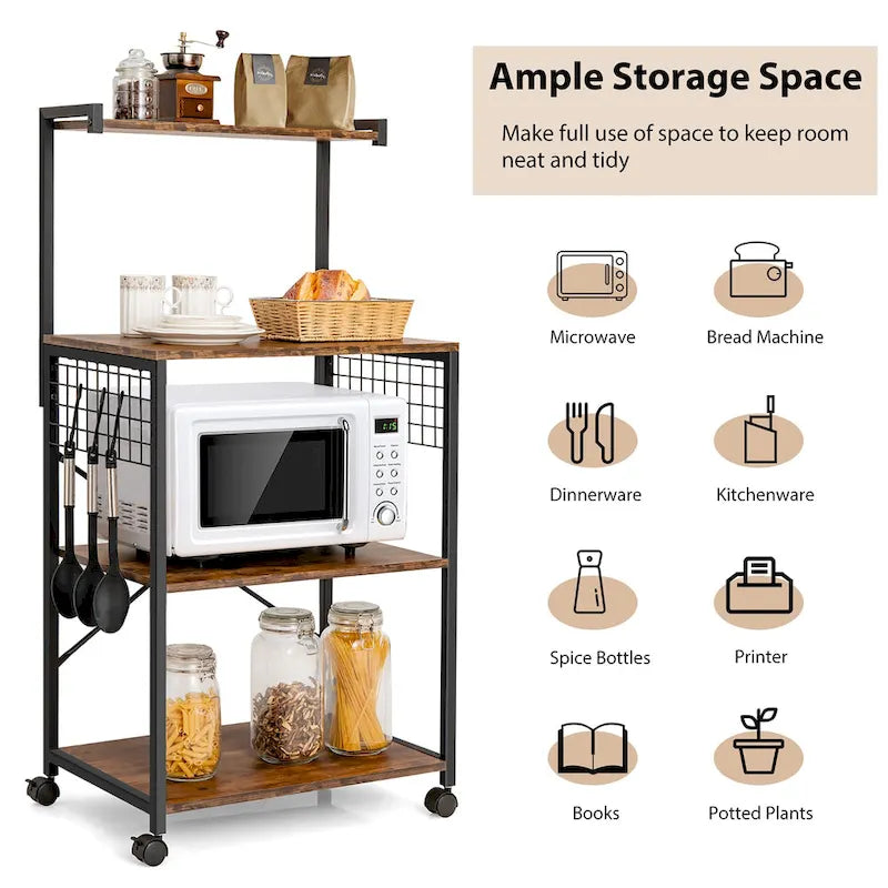 4-Tier Rolling Baker's Rack with Hooks and Wheels, Rustic Brown