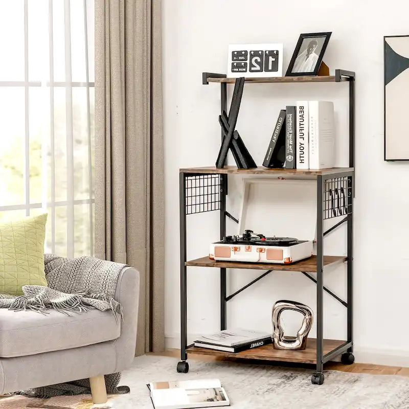 4-Tier Rolling Baker's Rack with Hooks and Wheels, Rustic Brown