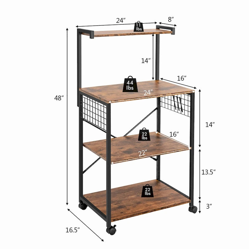 4-Tier Rolling Baker's Rack with Hooks and Wheels, Rustic Brown