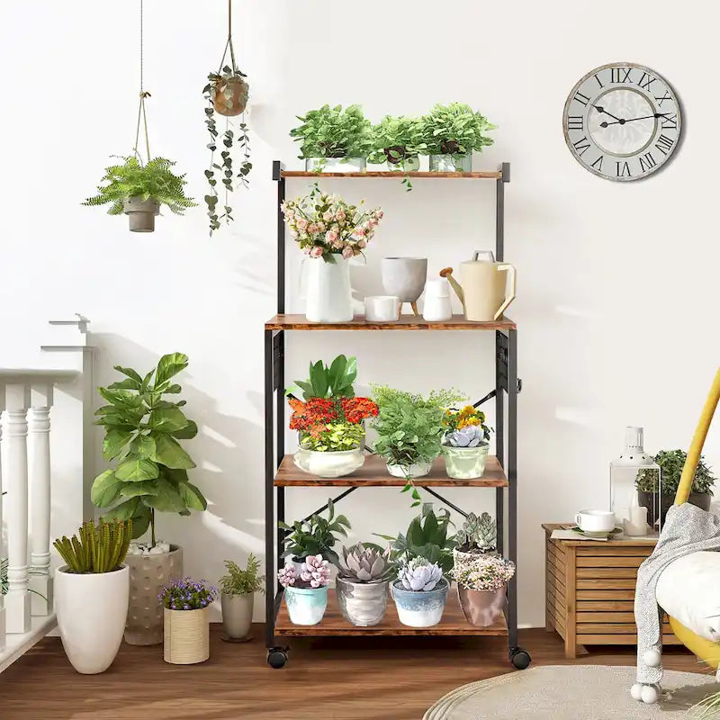 4-Tier Rolling Baker's Rack with Hooks and Wheels, Rustic Brown