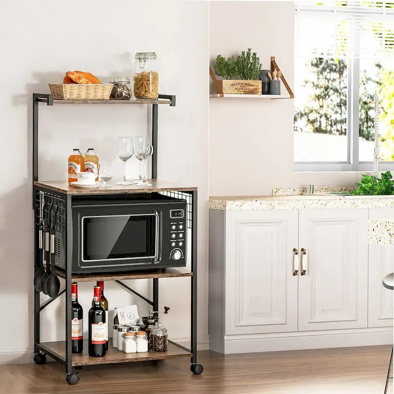 4-Tier Rolling Baker's Rack with Hooks and Wheels, Rustic Brown