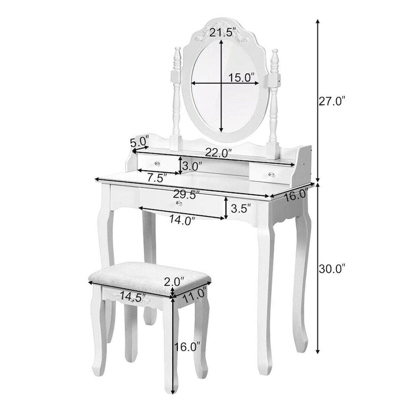 Costway White Vanity Wood Makeup Dressing Table Stool 3 Drawer