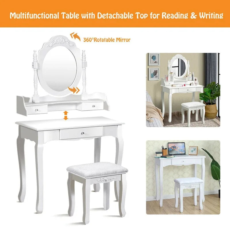 White Wood Vanity Makeup Dressing Table with 3 Drawers and Rotating Mirror