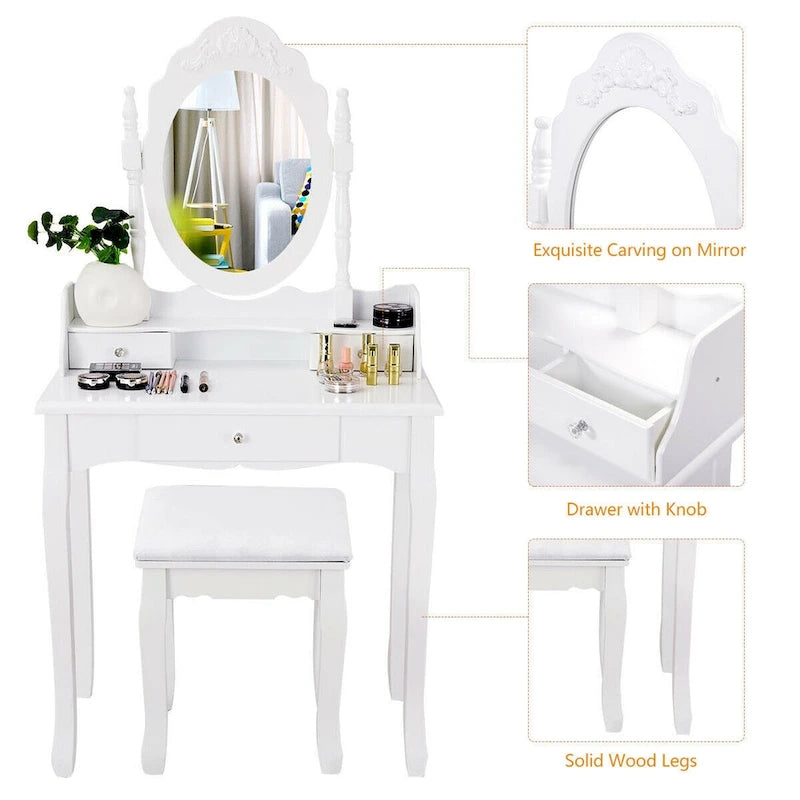 White Wood Vanity Makeup Dressing Table with 3 Drawers and Rotating Mirror