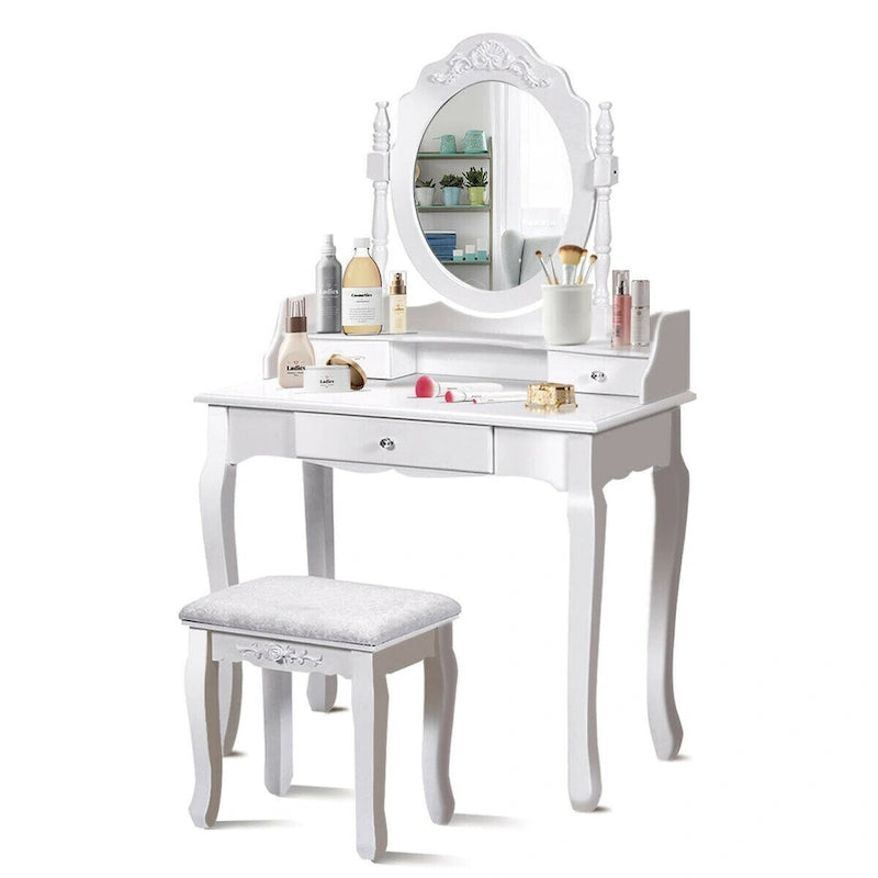 White Wood Vanity Makeup Dressing Table with 3 Drawers and Rotating Mirror