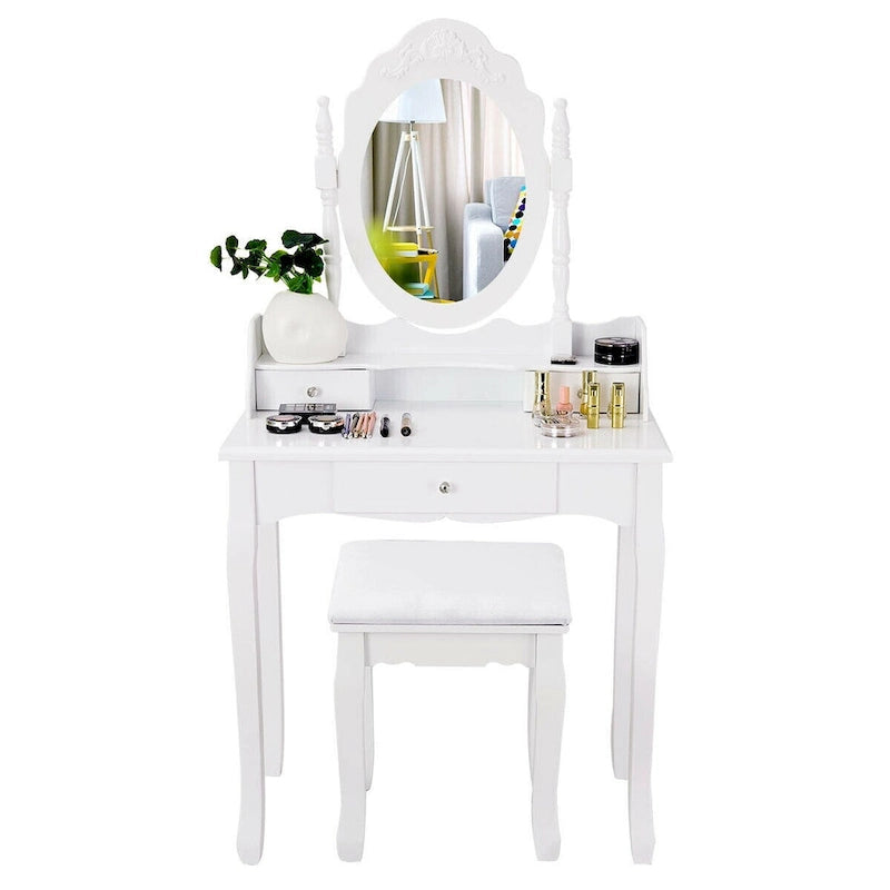White Wood Vanity Makeup Dressing Table with 3 Drawers and Rotating Mirror