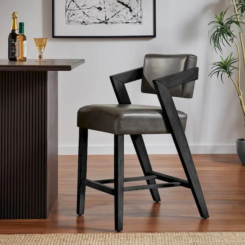 Wood Finish Rubberwood Bar Counter Stool with Tilting Backrest Cushioned Seat Charcoal Ivory