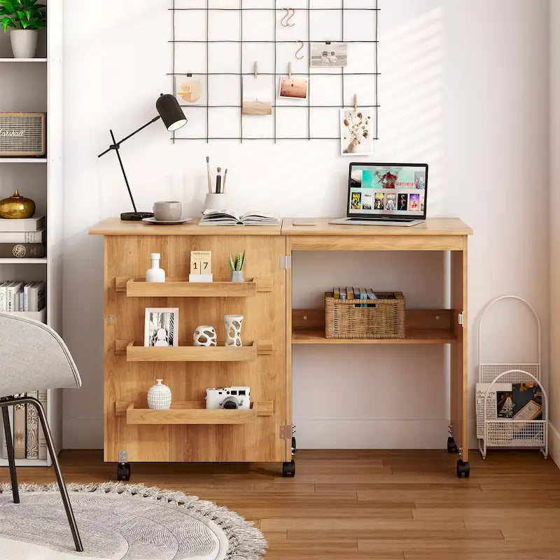 Folding Sewing Craft Table with Shelf and Rolling Storage Cabinet