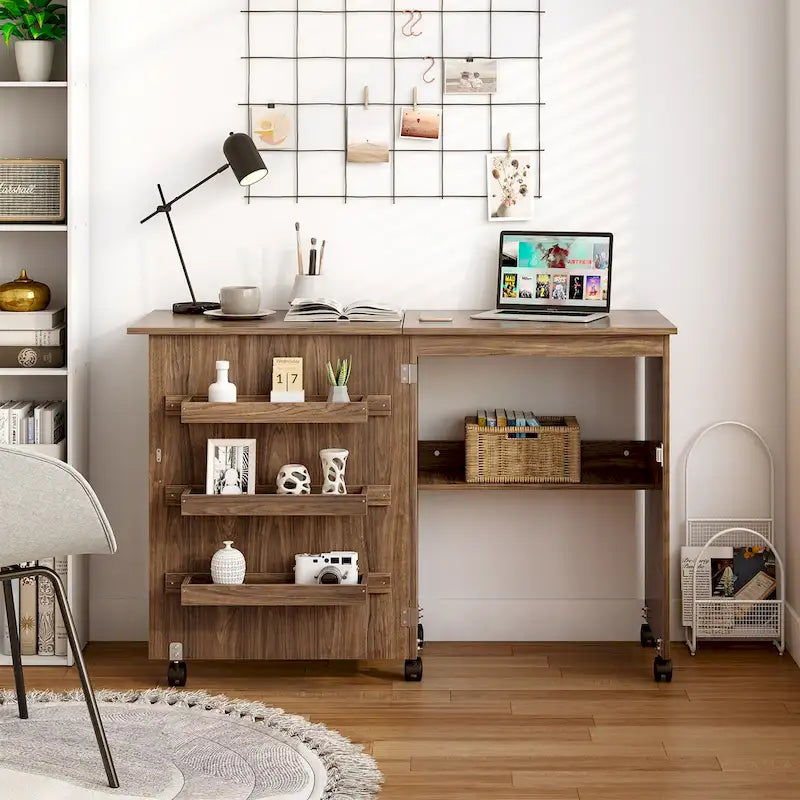 Folding Sewing Craft Table with Shelf and Rolling Storage Cabinet