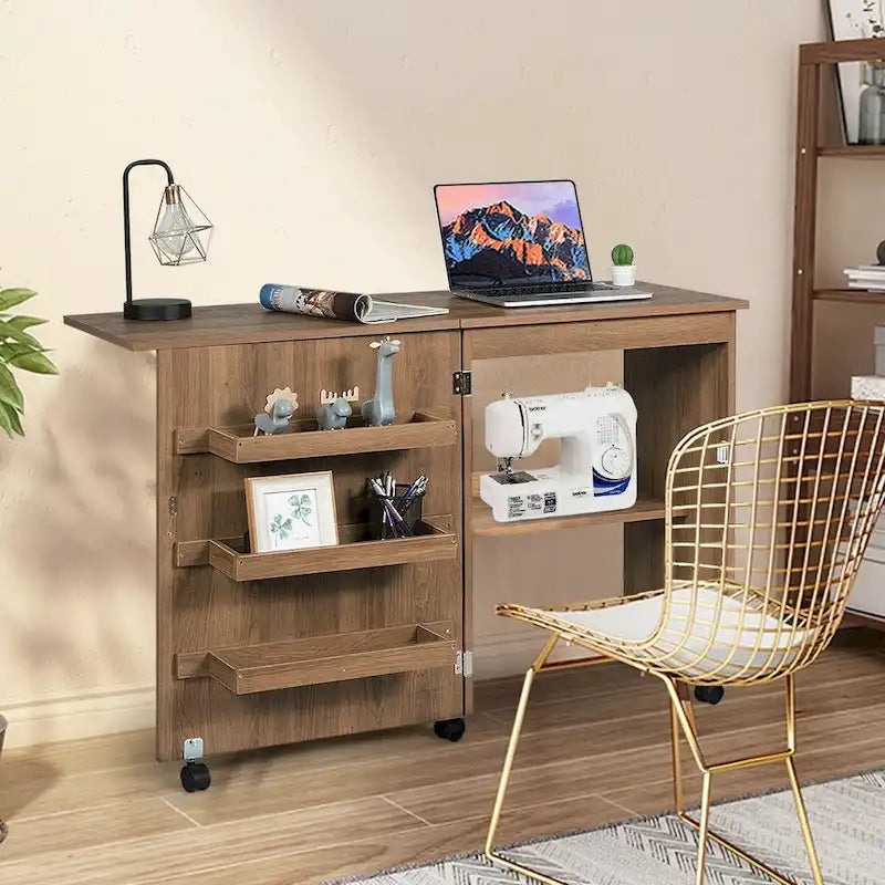 Folding Sewing Craft Table with Shelf and Rolling Storage Cabinet