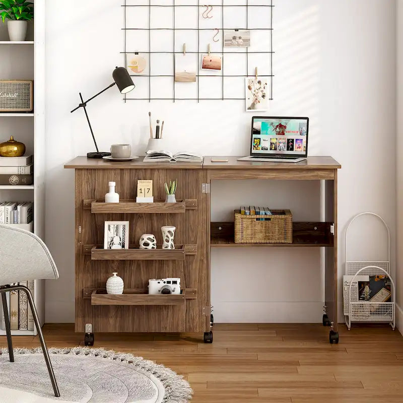 Folding Sewing Craft Table with Shelf and Rolling Storage Cabinet