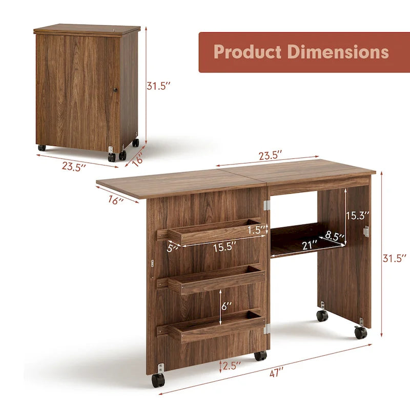 Folding Sewing Craft Table with Shelf and Rolling Storage Cabinet