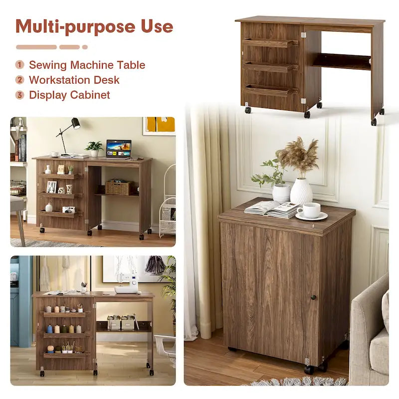 Folding Sewing Craft Table with Shelf and Rolling Storage Cabinet