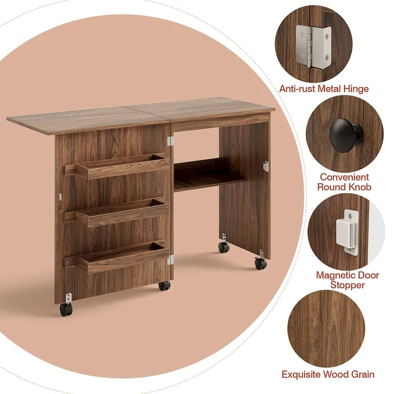 Folding Sewing Craft Table with Shelf and Rolling Storage Cabinet