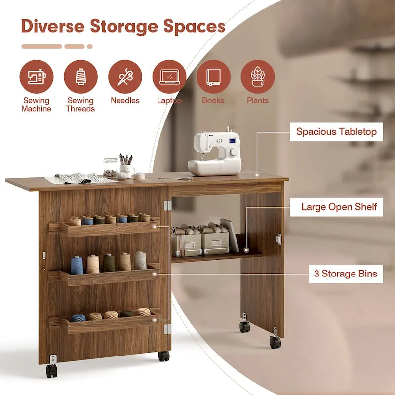 Folding Sewing Craft Table with Shelf and Rolling Storage Cabinet