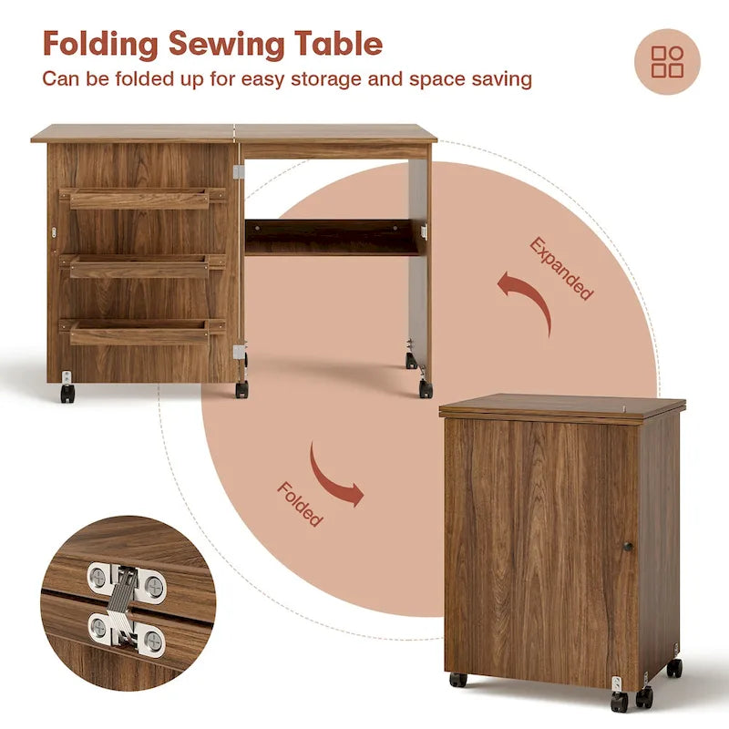 Folding Sewing Craft Table with Shelf and Rolling Storage Cabinet