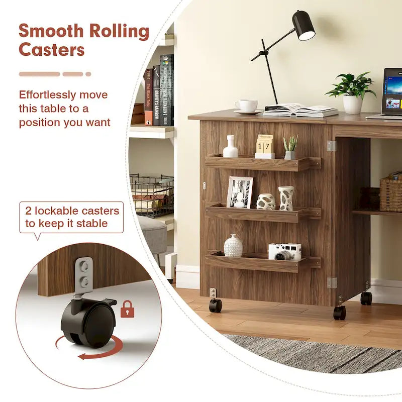 Folding Sewing Craft Table with Shelf and Rolling Storage Cabinet
