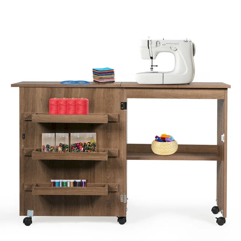 Folding Sewing Craft Table with Shelf and Rolling Storage Cabinet