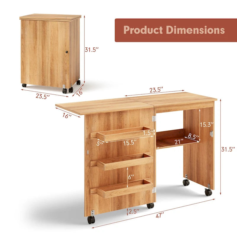 Folding Sewing Craft Table with Shelf and Rolling Storage Cabinet