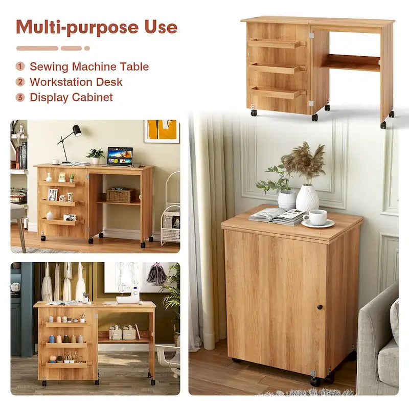 Folding Sewing Craft Table with Shelf and Rolling Storage Cabinet