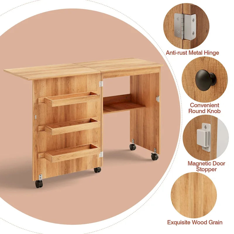 Folding Sewing Craft Table with Shelf and Rolling Storage Cabinet