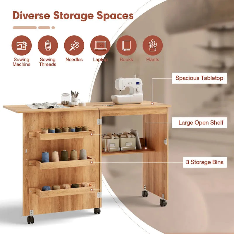 Folding Sewing Craft Table with Shelf and Rolling Storage Cabinet