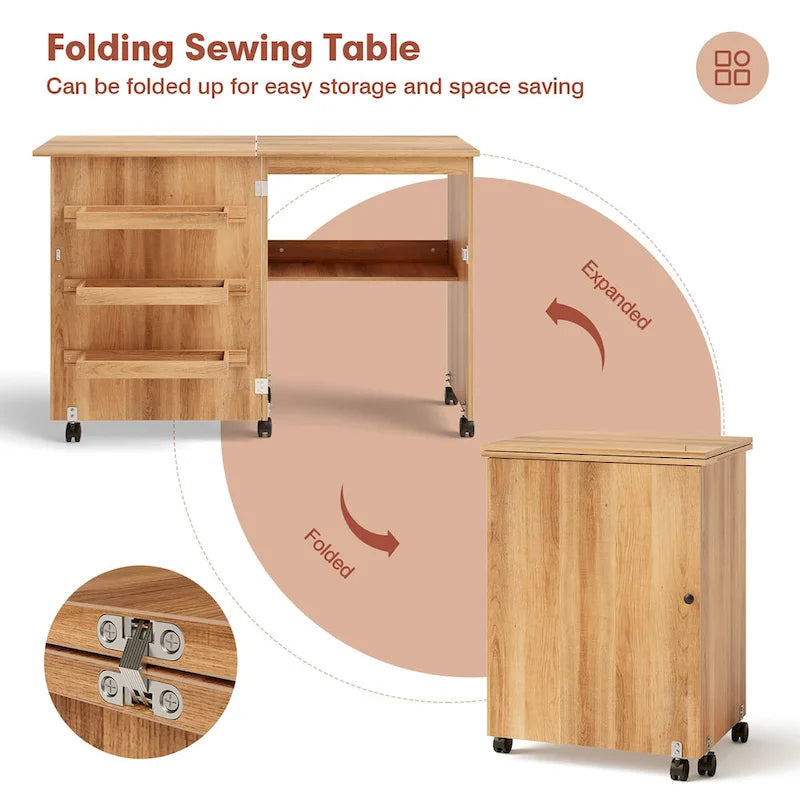 Folding Sewing Craft Table with Shelf and Rolling Storage Cabinet