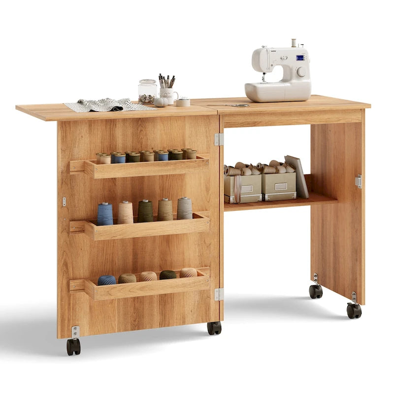 Folding Sewing Craft Table with Shelf and Rolling Storage Cabinet