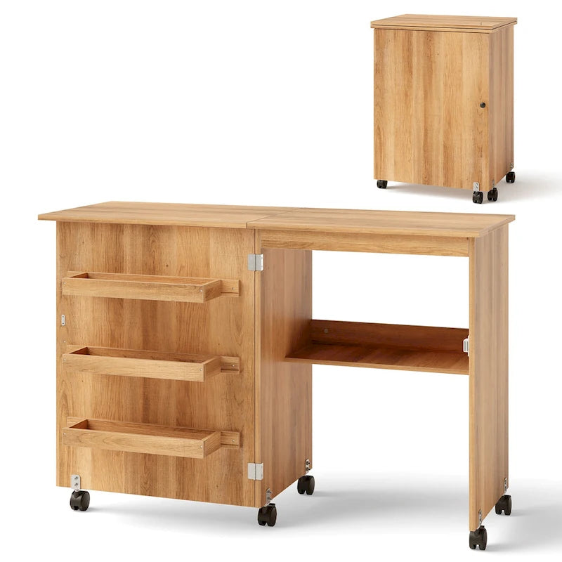 Folding Sewing Craft Table with Shelf and Rolling Storage Cabinet