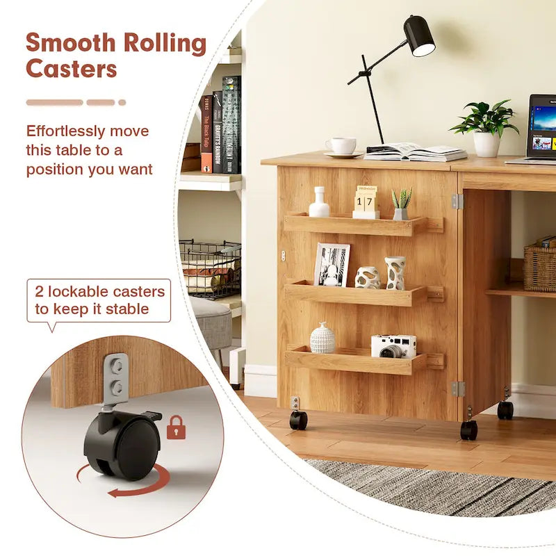 Folding Sewing Craft Table with Shelf and Rolling Storage Cabinet