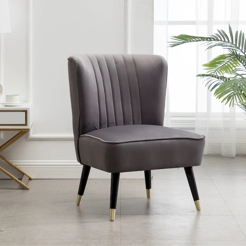 Gray Velvet Accent Chair Channel Tufted Gold Tip Legs