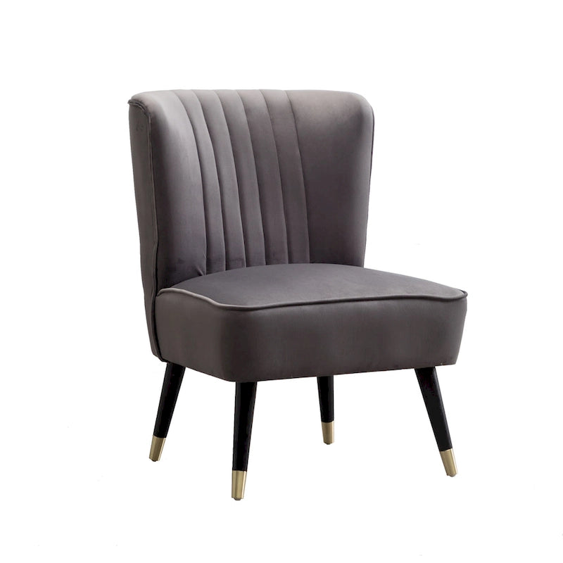 Gray Velvet Accent Chair Channel Tufted Gold Tip Legs