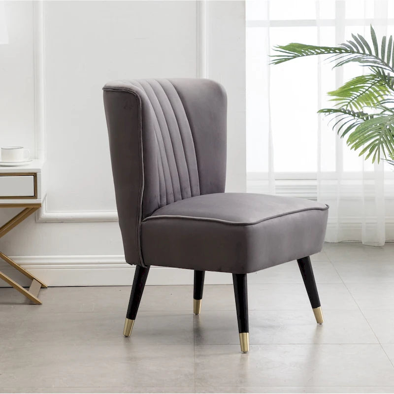 Gray Velvet Accent Chair Channel Tufted Gold Tip Legs