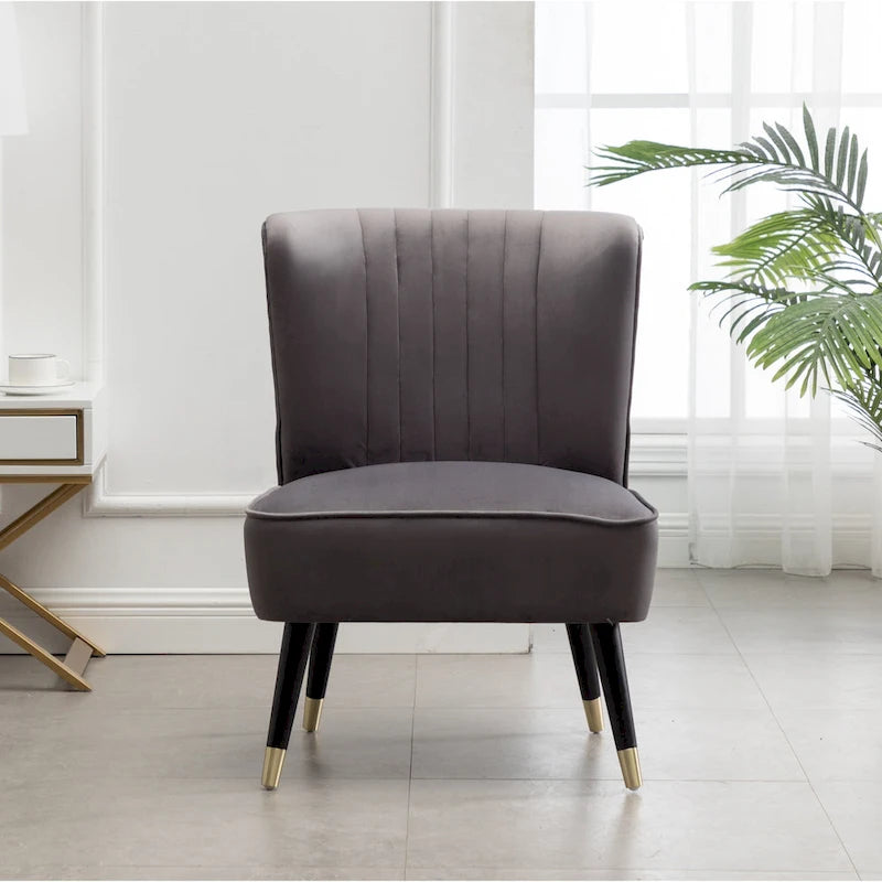Gray Velvet Accent Chair Channel Tufted Gold Tip Legs