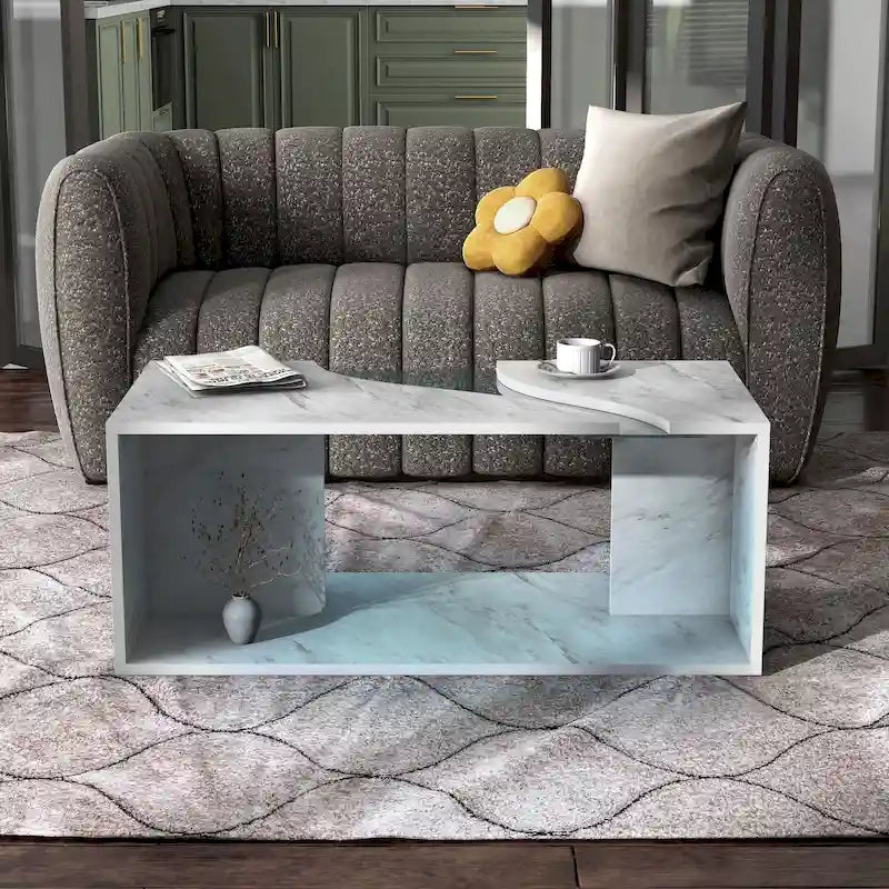 Faux Marble Coffee Table with LED Lighting Option and Open Shelf