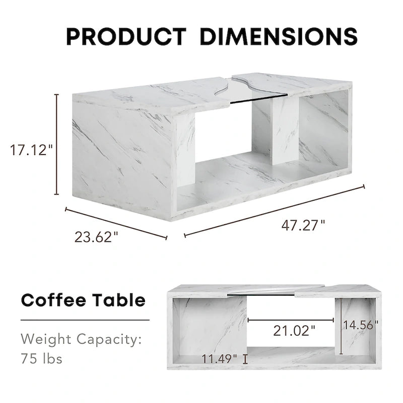 Faux Marble Coffee Table with LED Lighting Option and Open Shelf
